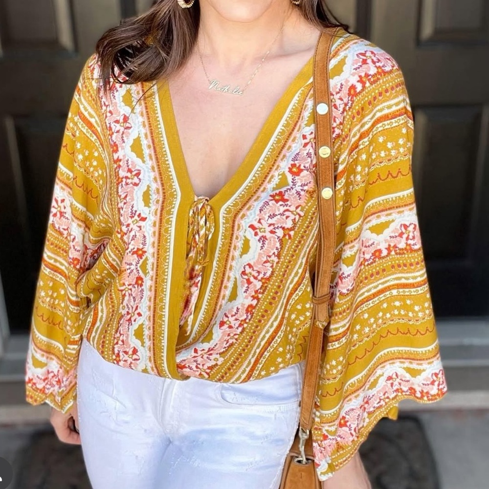 Free People Mustard Floral / lace Blouse / Bodysuit XS